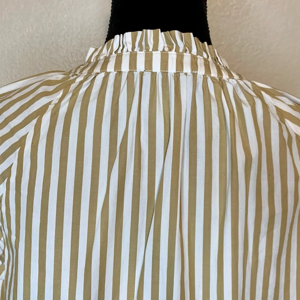 J. Crew ReImagined Popover Top Smocked Cuffs Ruffle Neck Striped Tan White Small